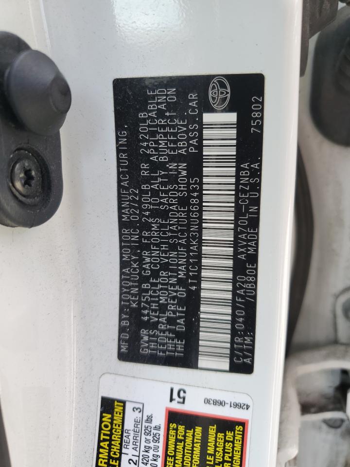 2022 Toyota Camry Le VIN: 4T1C11AK3NU668435 Lot: 71704425