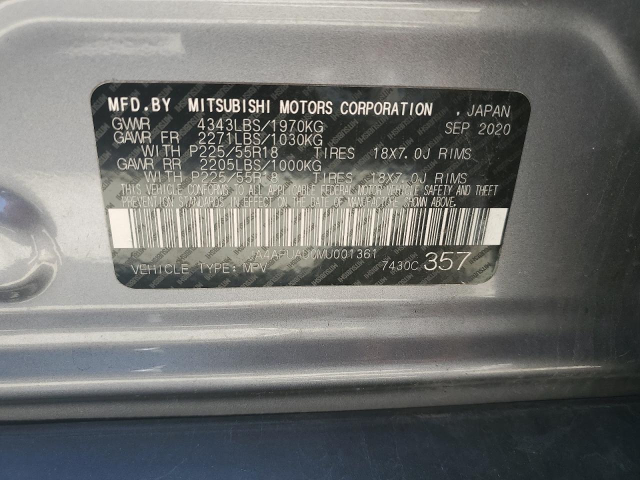 2021 Mitsubishi Outlander Sport Es VIN: JA4APUAU0MU001361 Lot: 81838495