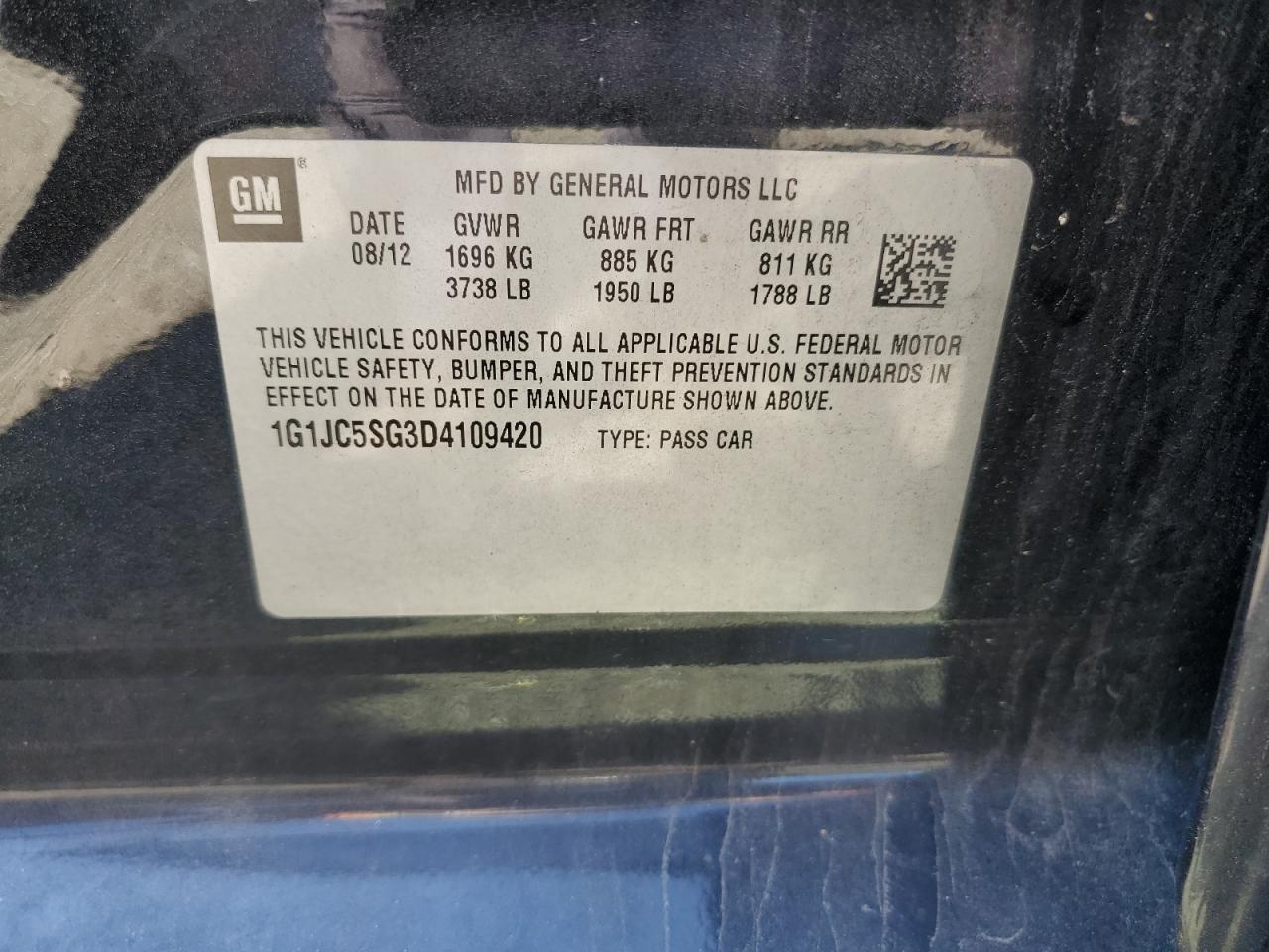 2013 Chevrolet Sonic Lt VIN: 1G1JC5SG3D4109420 Lot: 71060675