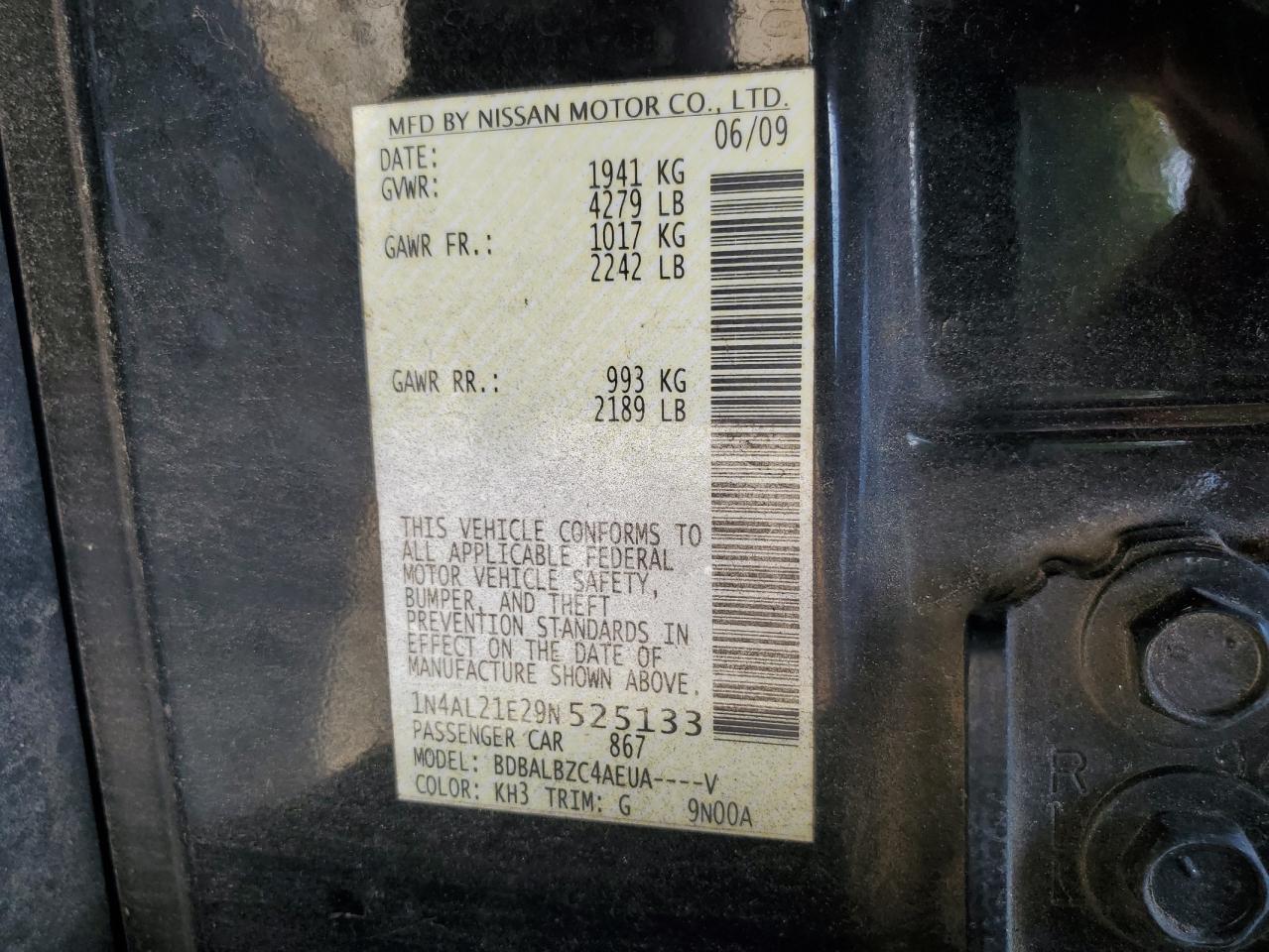 2009 Nissan Altima 2.5 VIN: 1N4AL21E29N525133 Lot: 81364015