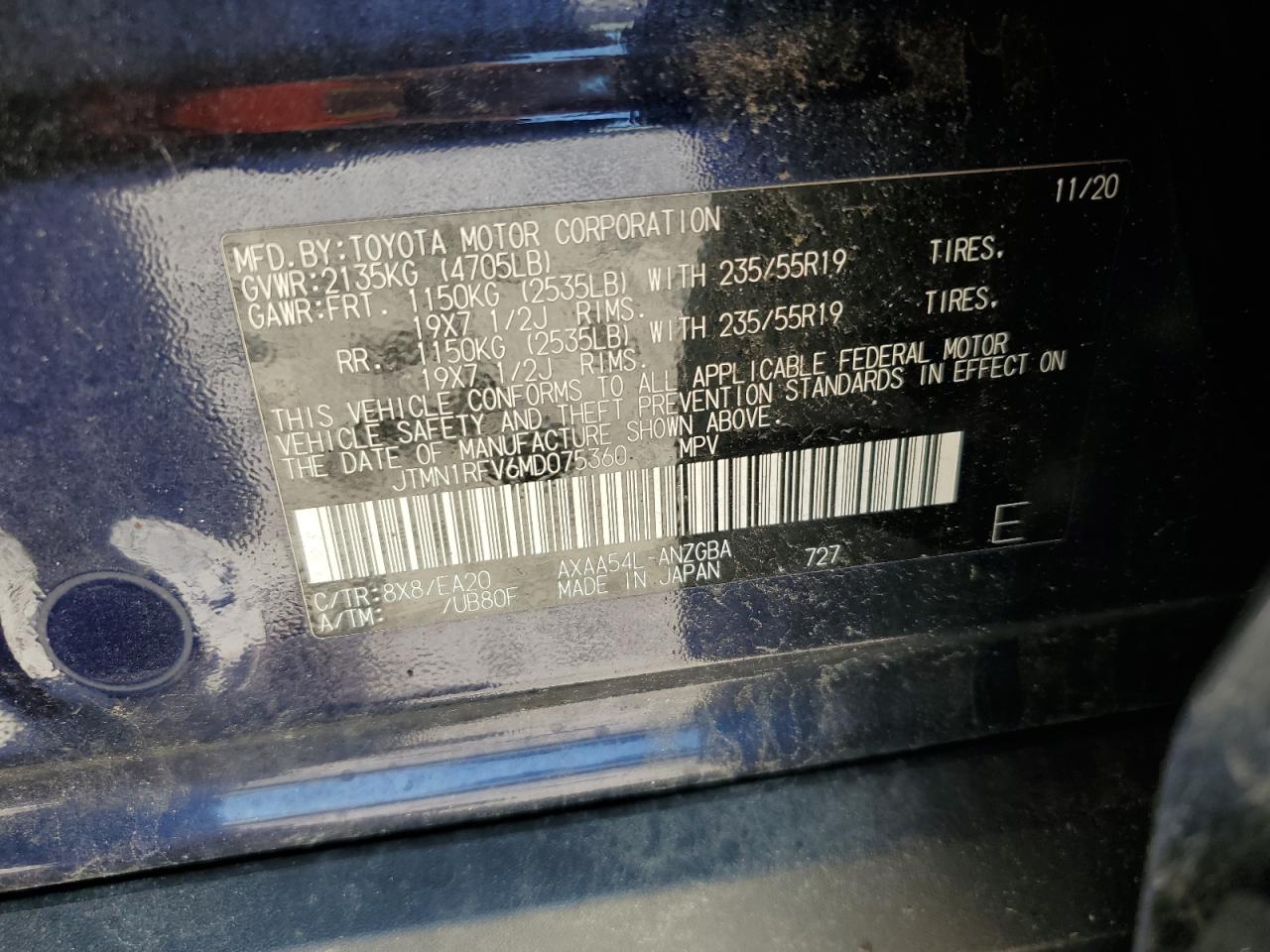 2021 Toyota Rav4 Limited VIN: JTMN1RFV6MD075360 Lot: 71678515