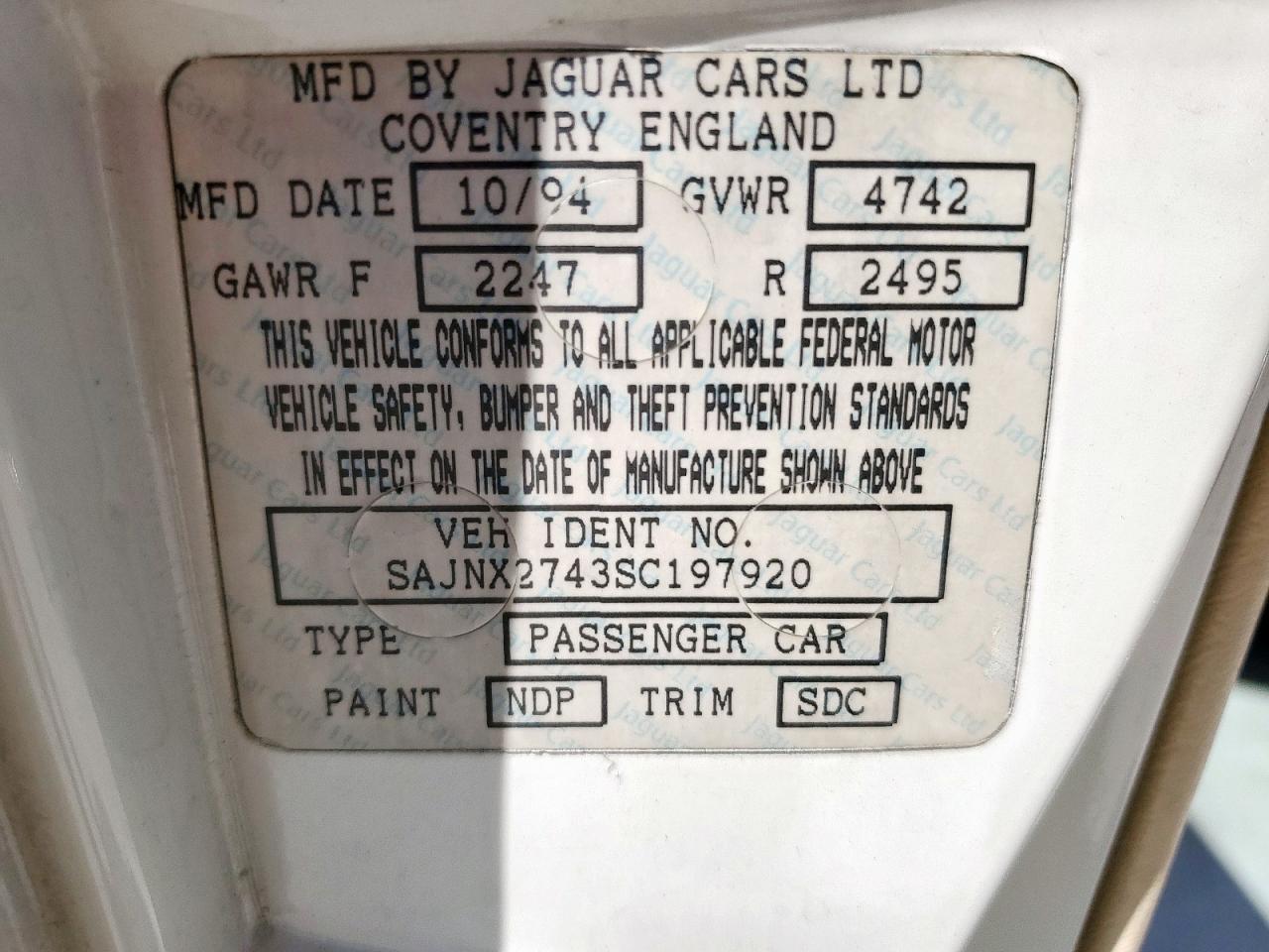 1995 Jaguar Xjs 2+2 VIN: SAJNX2743SC197920 Lot: 81832075