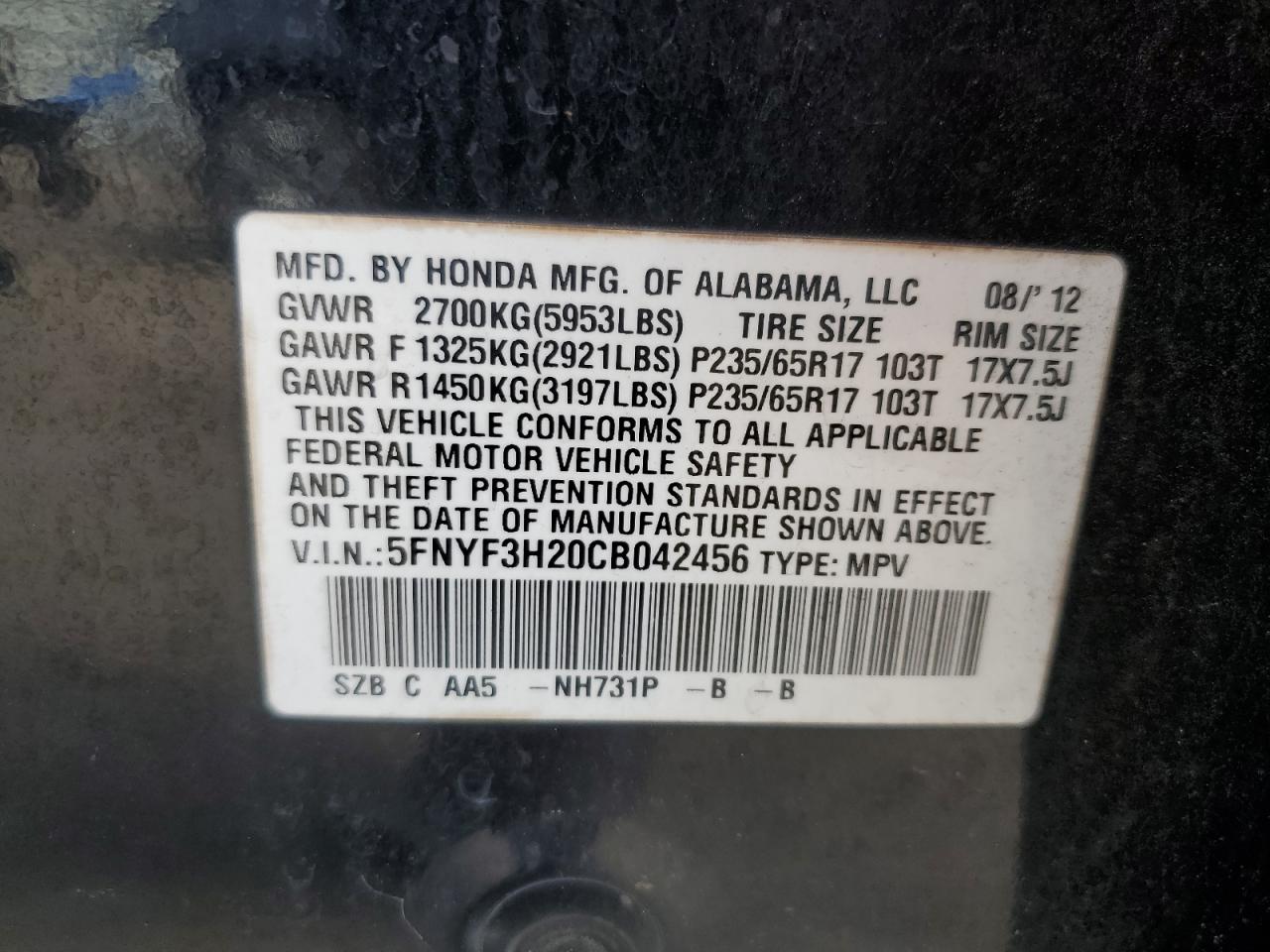 2012 Honda Pilot Lx VIN: 5FNYF3H20CB042456 Lot: 82164985