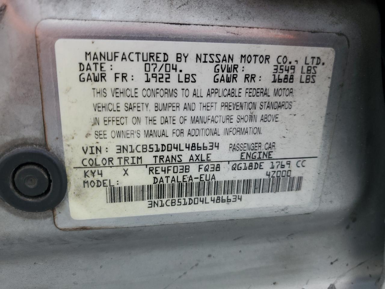2004 Nissan Sentra 1.8 VIN: 3N1CB51D04L486634 Lot: 71495325