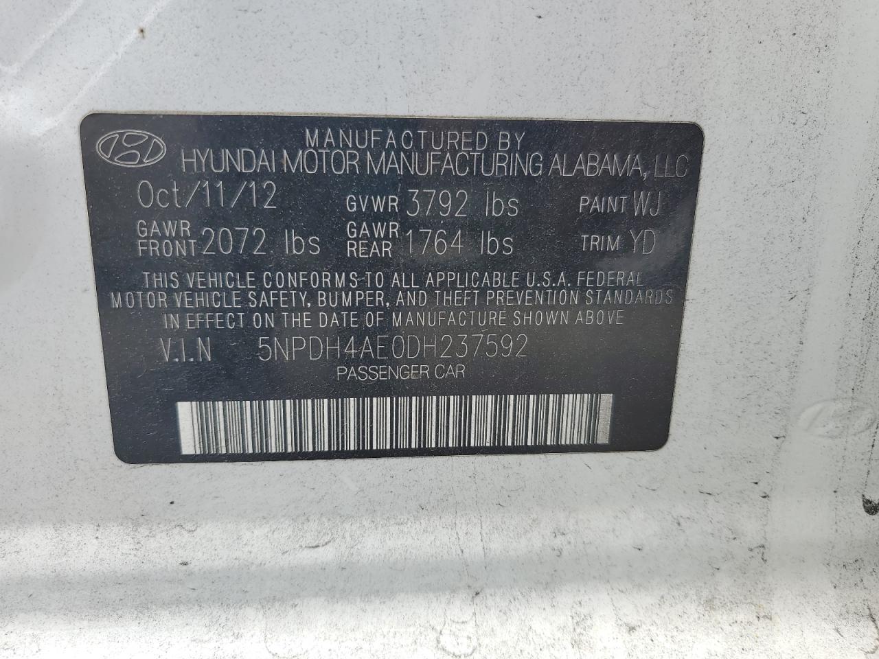 2013 Hyundai Elantra Gls VIN: 5NPDH4AE0DH237592 Lot: 71627135