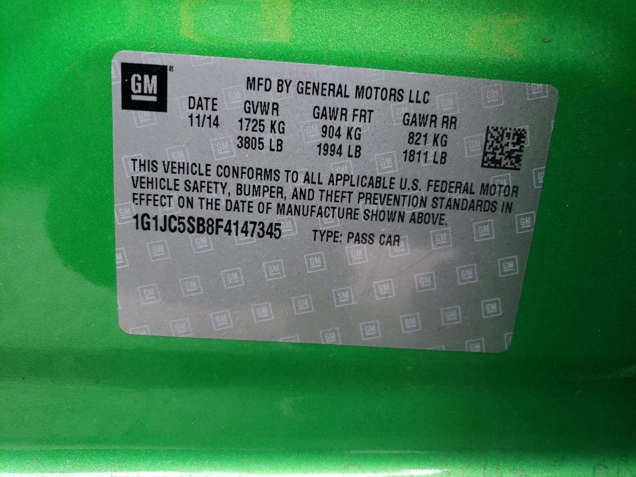 2015 Chevrolet Sonic Lt VIN: 1G1JC5SB8F4147345 Lot: 71701125