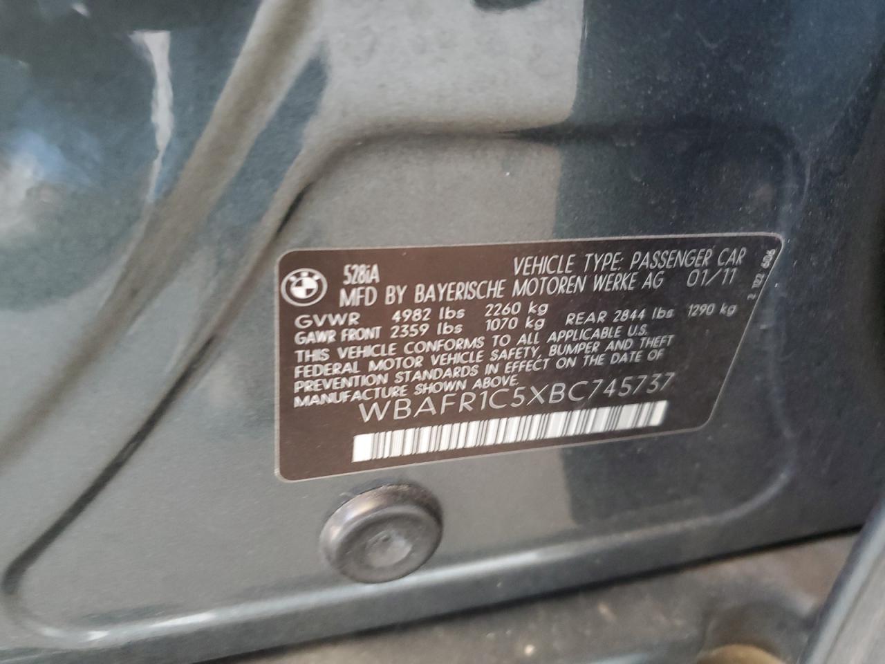 2011 BMW 528 I VIN: WBAFR1C5XBC745737 Lot: 80475365