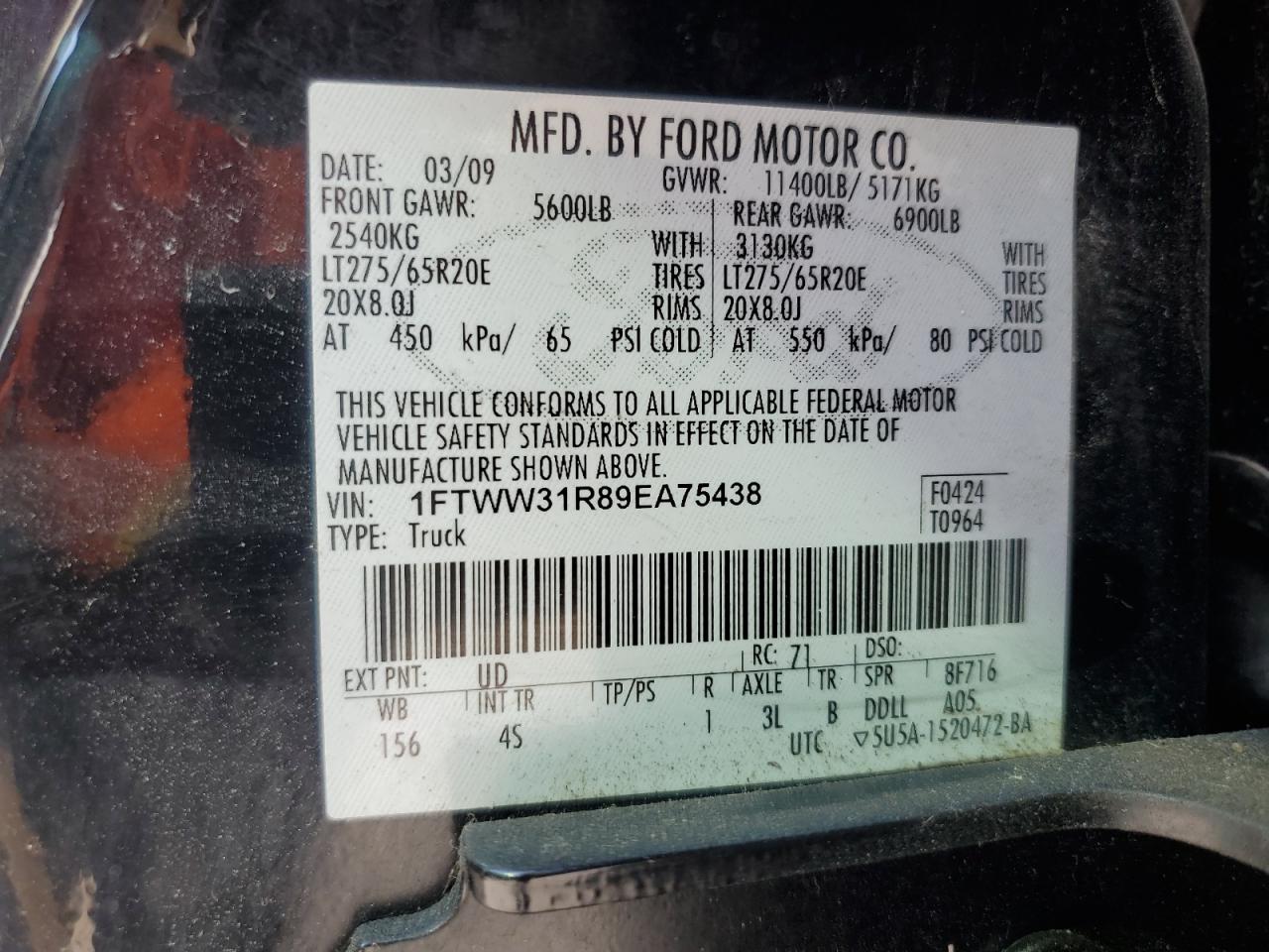 2009 Ford F350 Super Duty VIN: 1FTWW31R89EA75438 Lot: 80384105