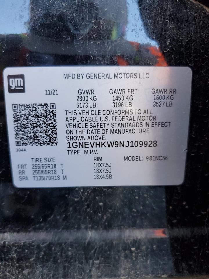 2022 Chevrolet Traverse Lt VIN: 1GNEVHKW9NJ109928 Lot: 71503315