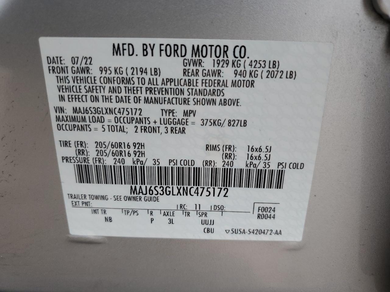 2022 Ford Ecosport Se VIN: MAJ6S3GLXNC475172 Lot: 81177835