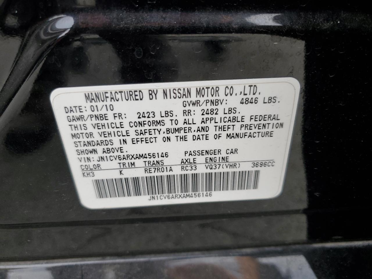 2010 Infiniti G37 VIN: JN1CV6ARXAM456146 Lot: 81971105