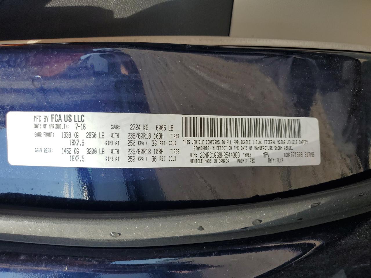 2017 Chrysler Pacifica Limited VIN: 2C4RC1GG9HR544389 Lot: 70741675