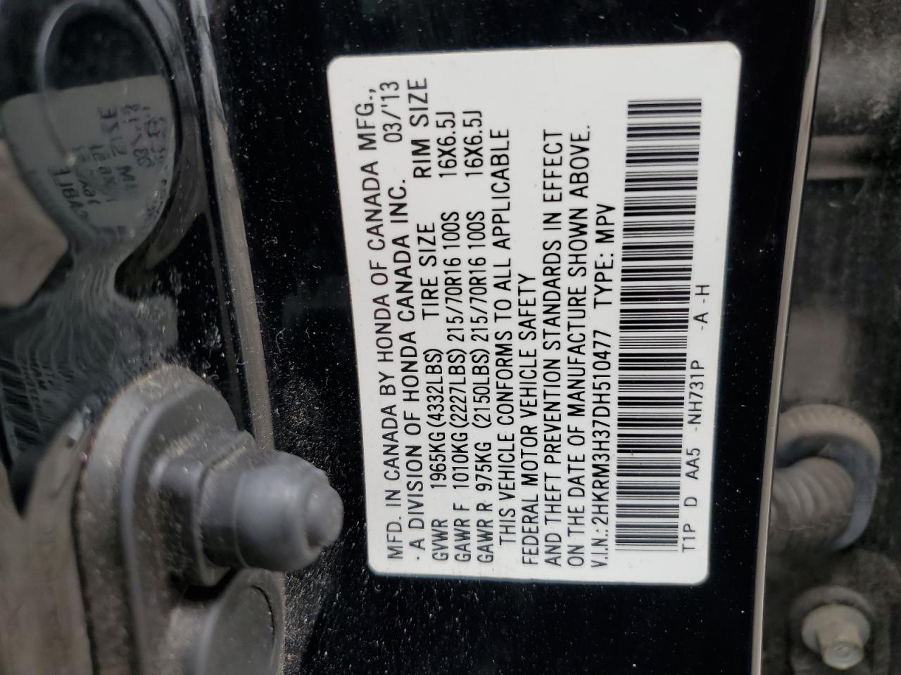 2013 Honda Cr-V Lx VIN: 2HKRM3H37DH510477 Lot: 82051065