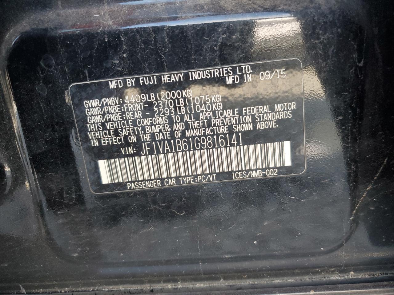 2016 Subaru Wrx VIN: JF1VA1B61G9816141 Lot: 80204875