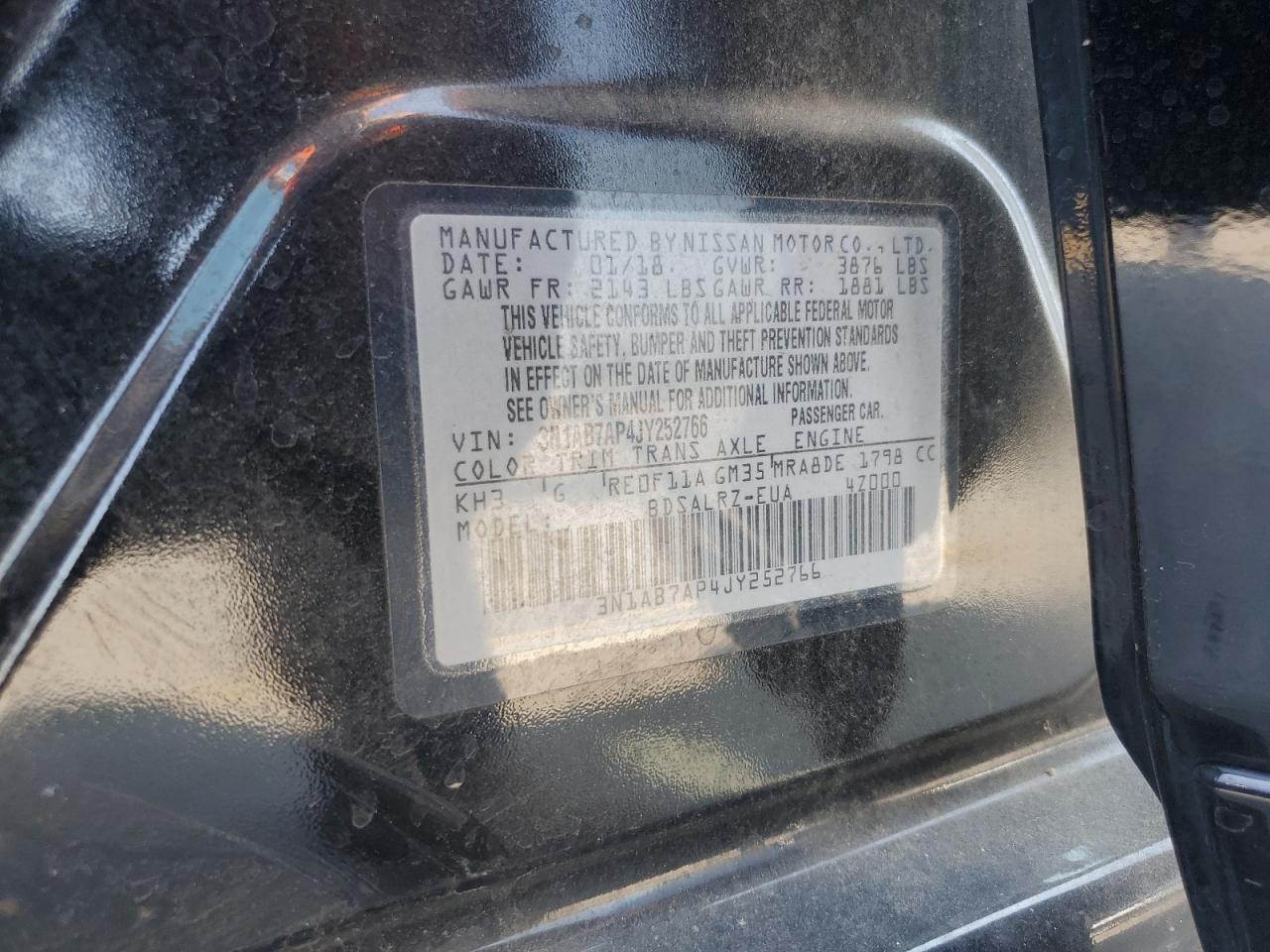 2018 Nissan Sentra S VIN: 3N1AB7AP4JY252766 Lot: 80236605