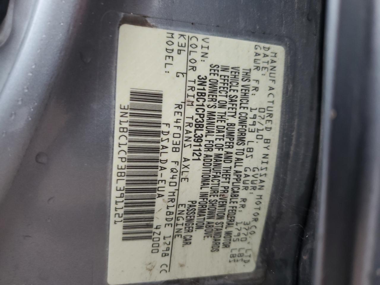 2011 Nissan Versa S VIN: 3N1BC1CP3BL391121 Lot: 83795665