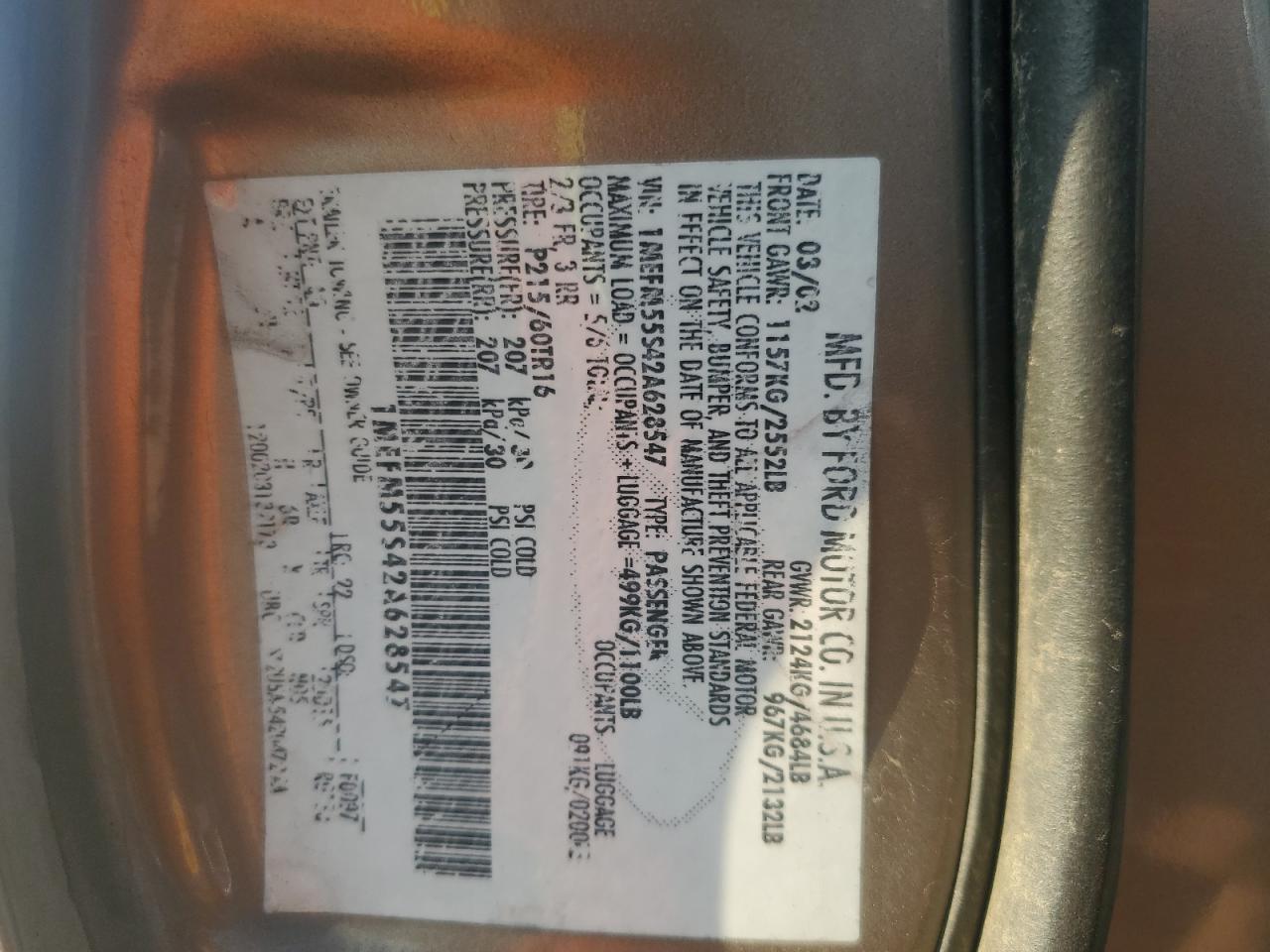 2002 Mercury Sable Ls Premium VIN: 1MEFM55S42A628547 Lot: 80794375