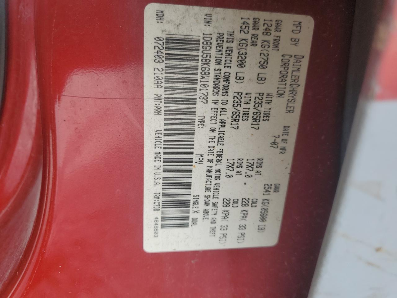 2008 Dodge Nitro Slt VIN: 1D8GU58K68W101737 Lot: 81060105