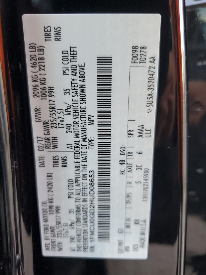 2017 Ford Escape Se VIN: 1FMCU0GD2HUD08653 Lot: 81870245