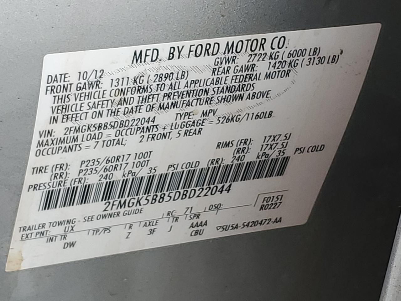 2013 Ford Flex Se VIN: 2FMGK5B85DBD22044 Lot: 81875205