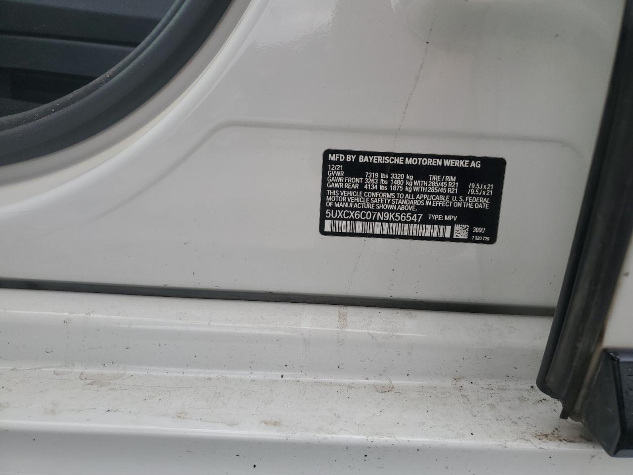 2022 BMW X7 M50I VIN: 5UXCX6C07N9K56547 Lot: 84600745