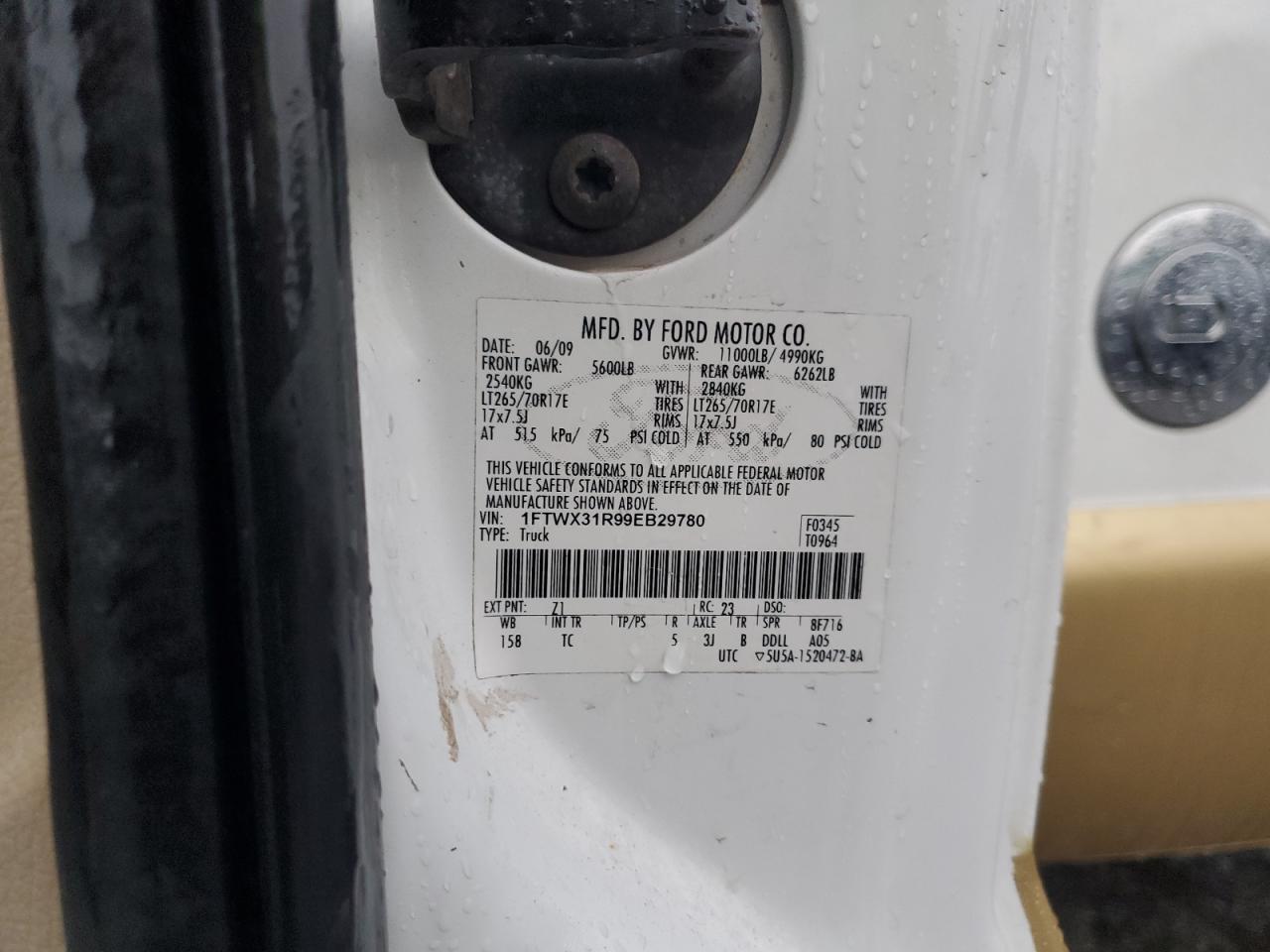 2009 Ford F350 Super Duty VIN: 1FTWX31R99EB29780 Lot: 81811725