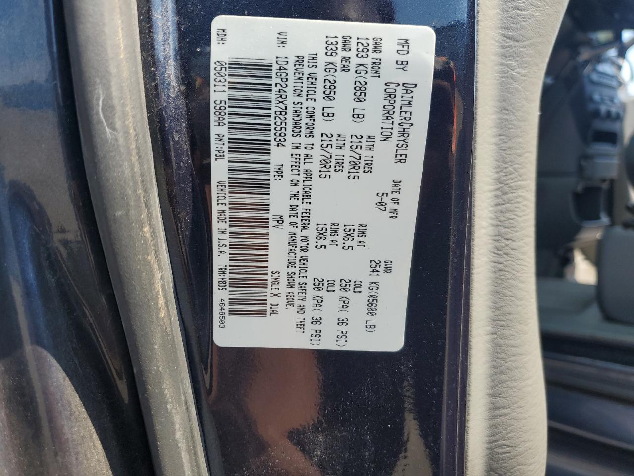 2007 Dodge Grand Caravan Se VIN: 1D4GP24RX7B255934 Lot: 71168815