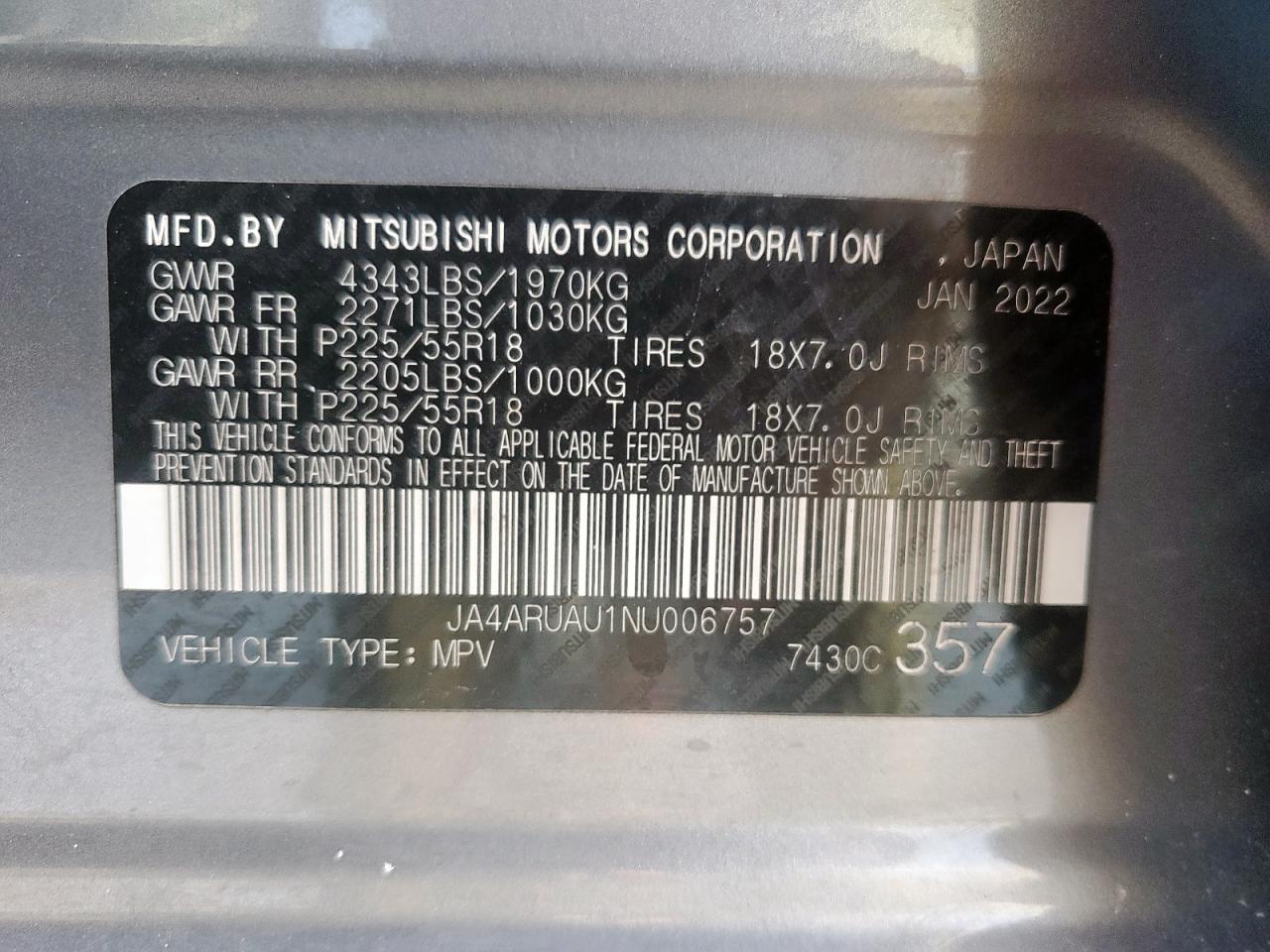 2022 Mitsubishi Outlander Sport Es VIN: JA4ARUAU1NU006757 Lot: 70660095