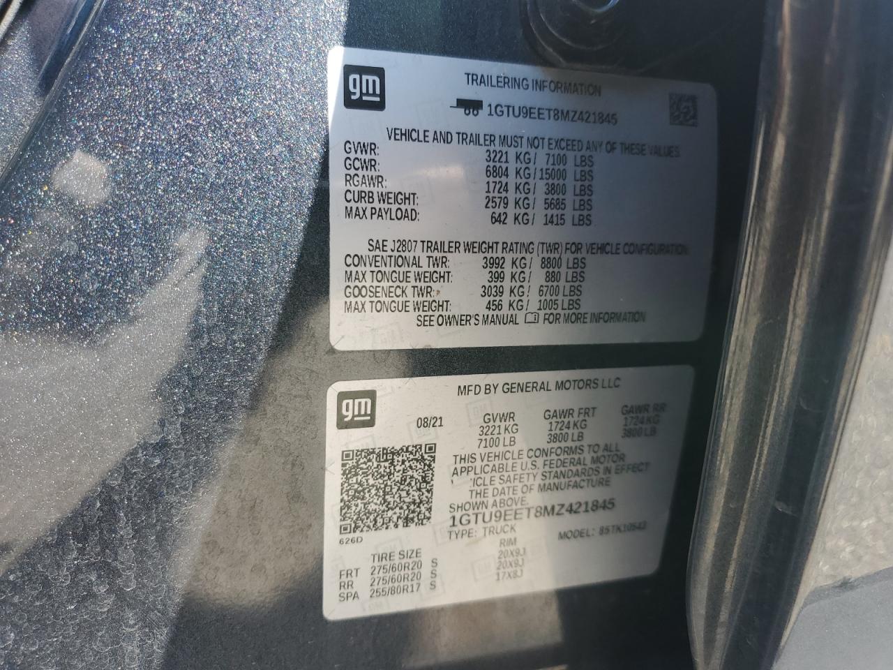2021 GMC Sierra K1500 At4 VIN: 1GTU9EET8MZ421845 Lot: 80666115