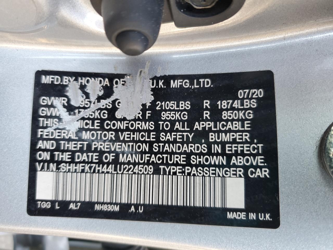 2020 Honda Civic Sport VIN: SHHFK7H44LU224509 Lot: 81280405