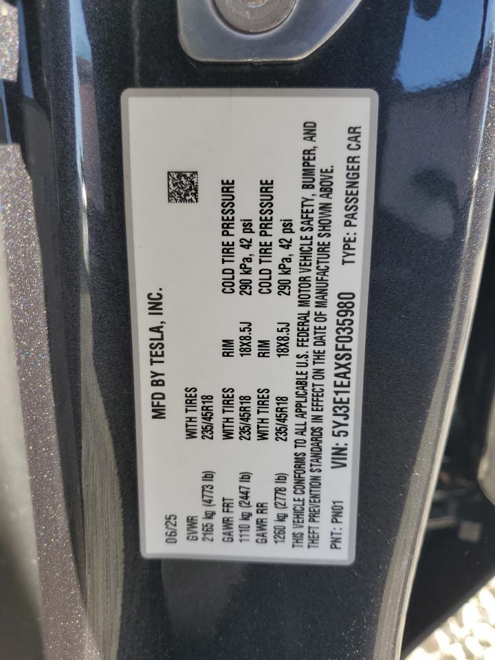 2025 Tesla Model 3 VIN: 5YJ3E1EAXSF035980 Lot: 81628335