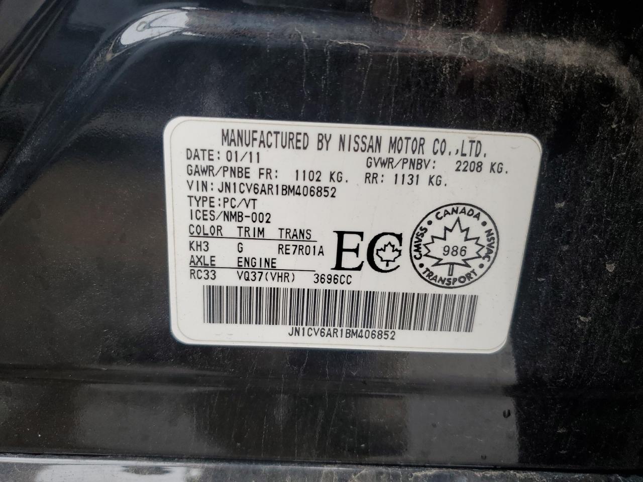 2011 Infiniti G37 VIN: JN1CV6AR1BM406852 Lot: 71433765