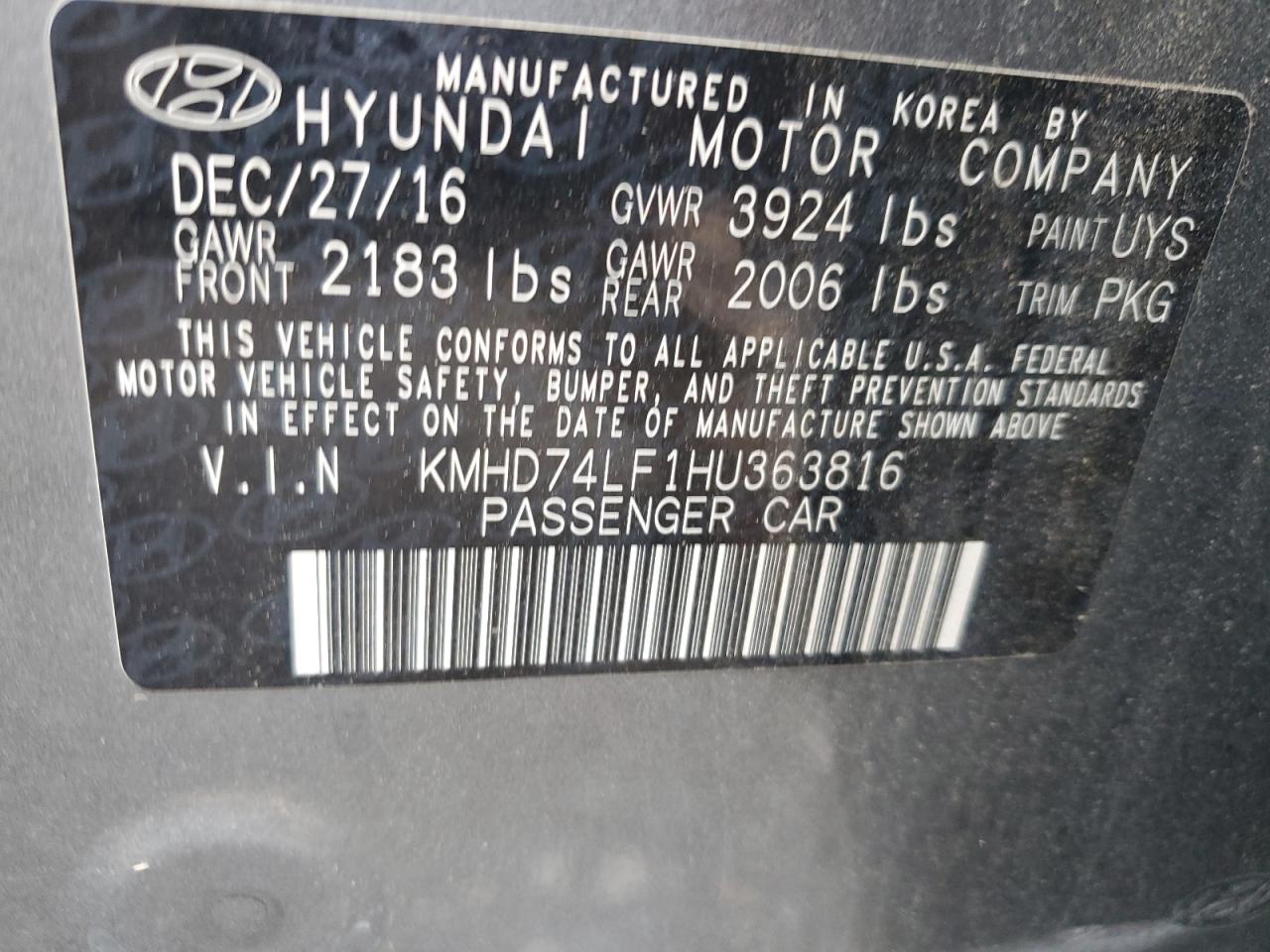 2017 Hyundai Elantra Se VIN: KMHD74LF1HU363816 Lot: 81469235