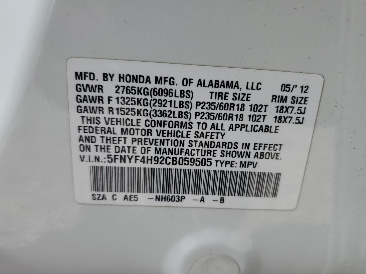 2012 Honda Pilot Touring VIN: 5FNYF4H92CB059505 Lot: 81432365