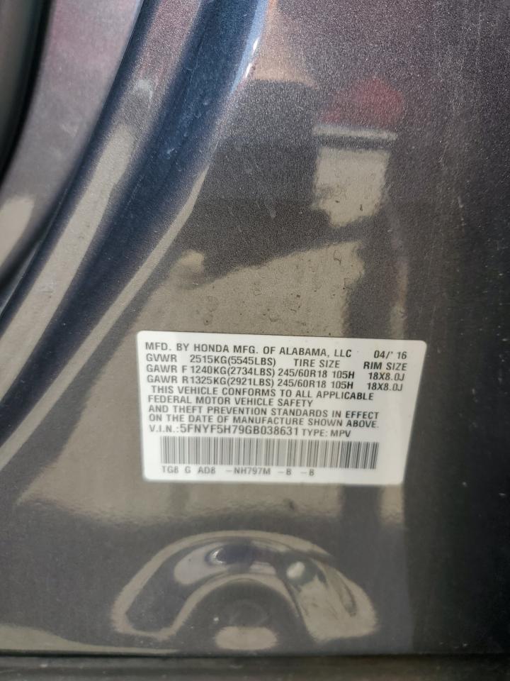 2016 Honda Pilot Exln VIN: 5FNYF5H79GB038631 Lot: 80384715