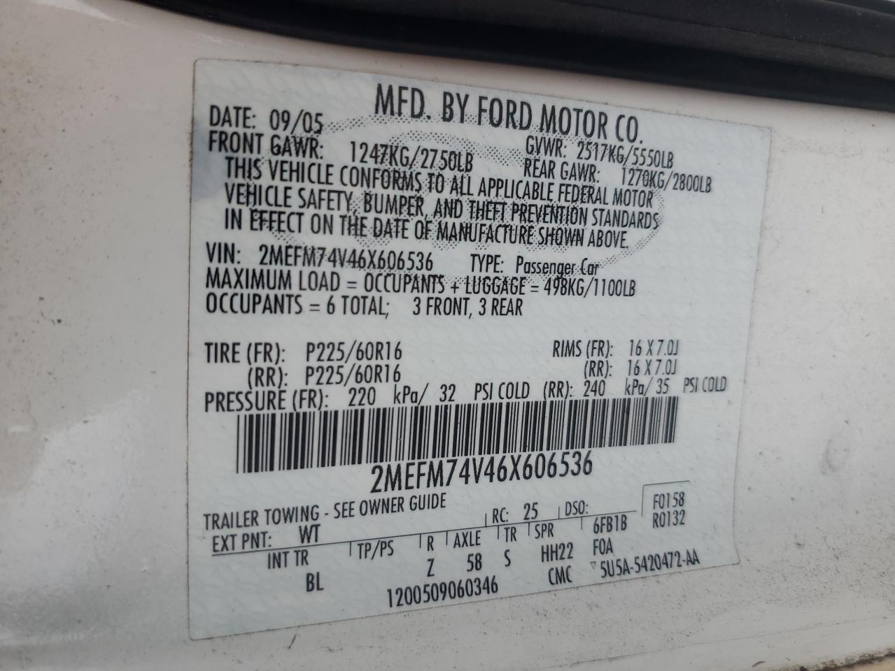 2006 Mercury Grand Marquis Gs VIN: 2MEFM74V46X606536 Lot: 86699605