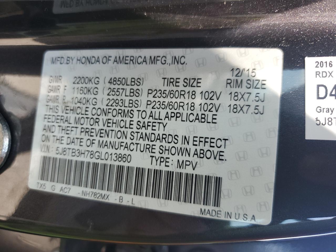 2016 Acura Rdx Advance VIN: 5J8TB3H78GL013860 Lot: 71800135