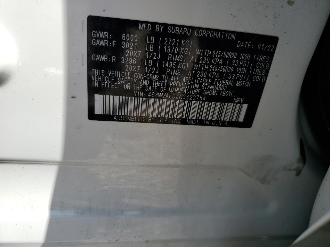 2022 Subaru Ascent Limited VIN: 4S4WMALD5N3422754 Lot: 71422165