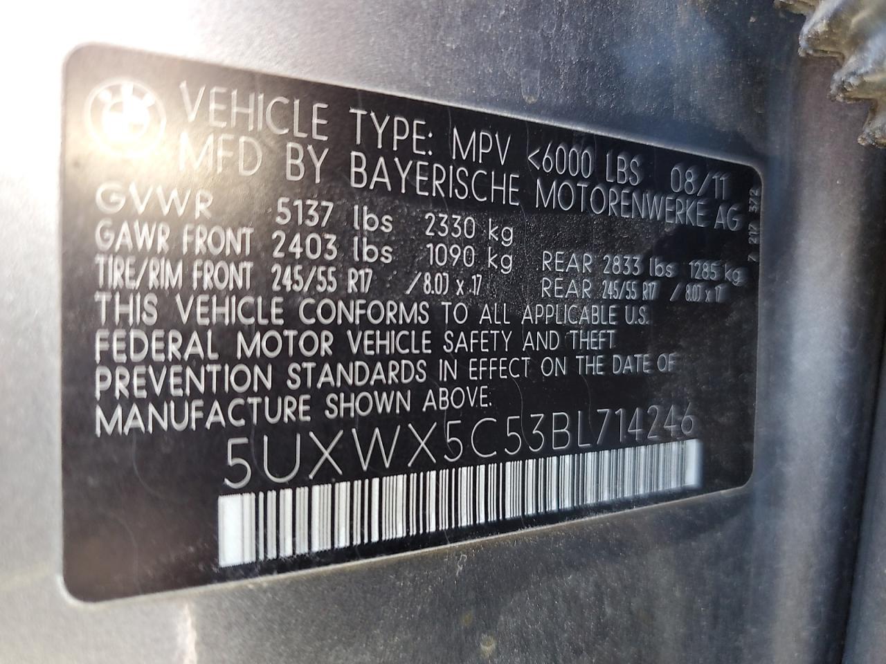 2011 BMW X3 xDrive28I VIN: 5UXWX5C53BL714246 Lot: 71744645