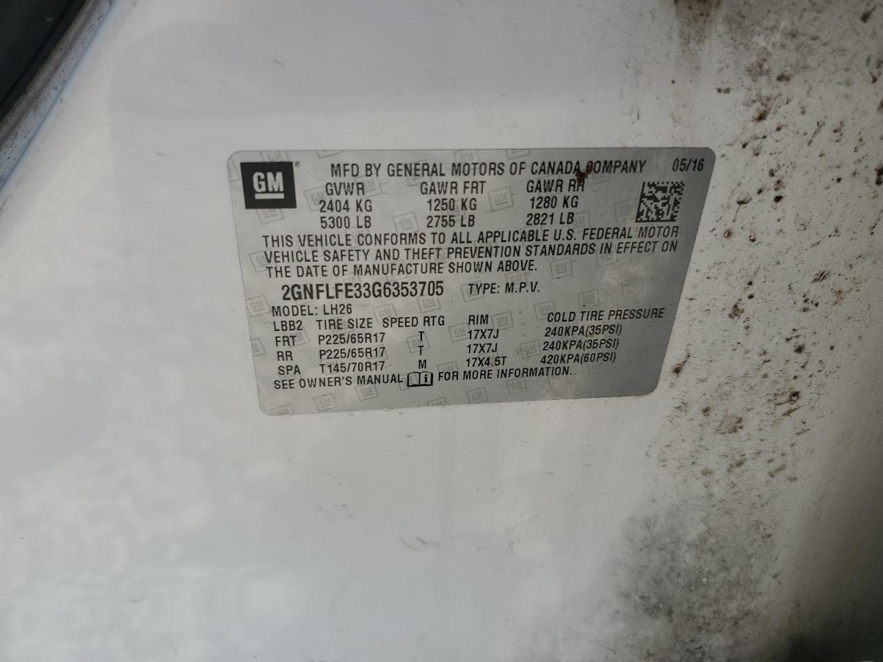 2016 Chevrolet Equinox Lt VIN: 2GNFLFE33G6353705 Lot: 80943855