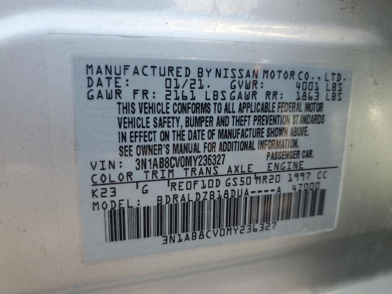 2021 Nissan Sentra Sv VIN: 3N1AB8CV0MY236327 Lot: 81138335