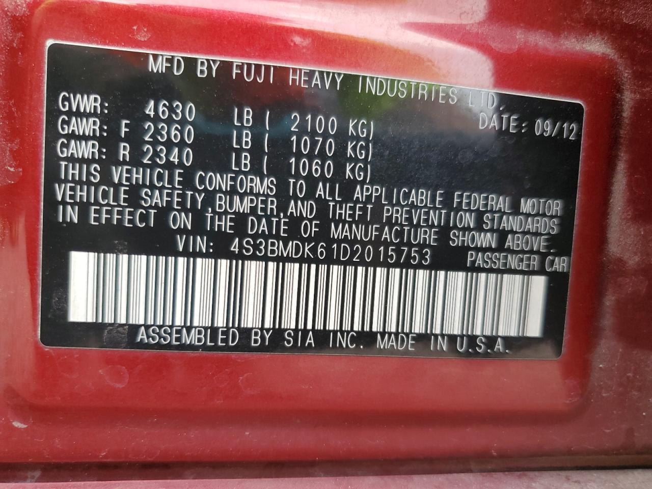 2013 Subaru Legacy 3.6R Limited VIN: 4S3BMDK61D2015753 Lot: 70521755