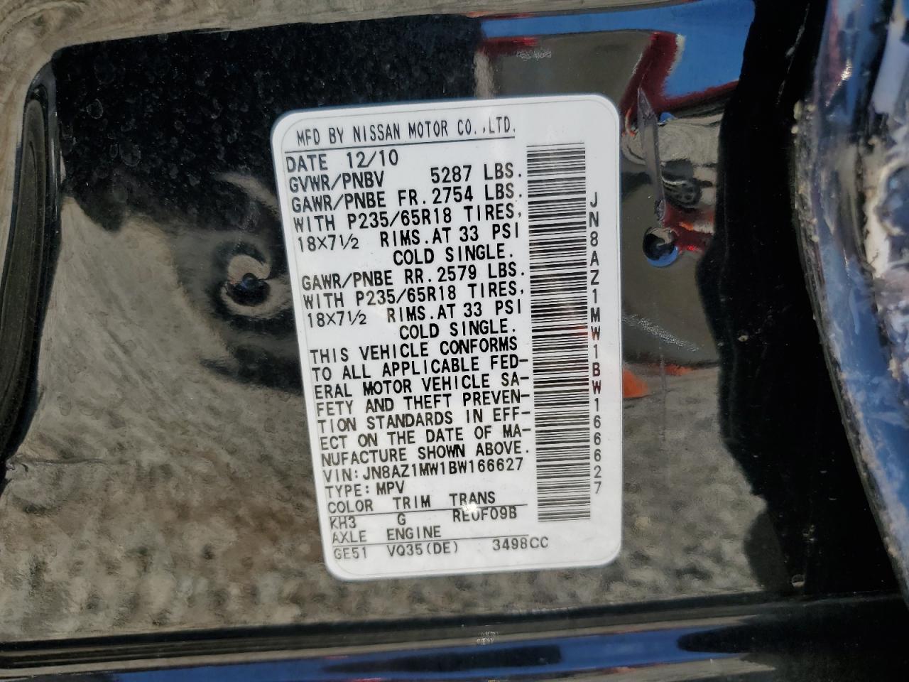 2011 Nissan Murano S VIN: JN8AZ1MW1BW166627 Lot: 80203775