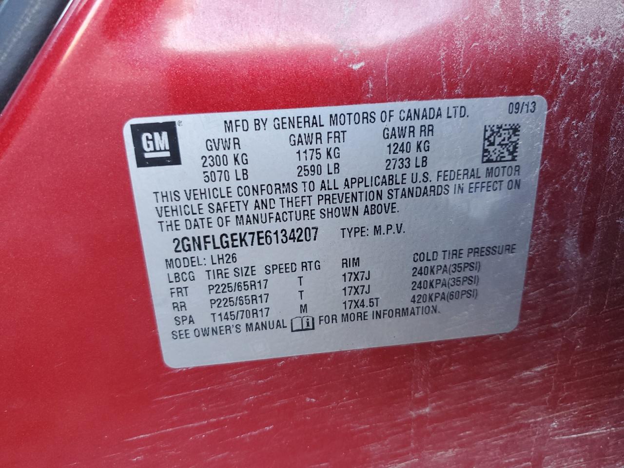 2014 Chevrolet Equinox Lt VIN: 2GNFLGEK7E6134207 Lot: 81724345