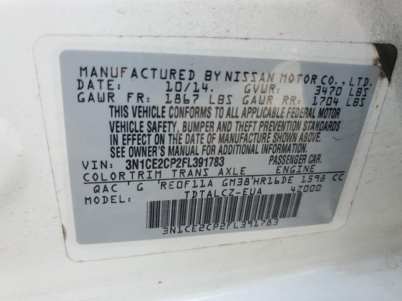 2015 Nissan Versa Note S VIN: 3N1CE2CP2FL391783 Lot: 80688495