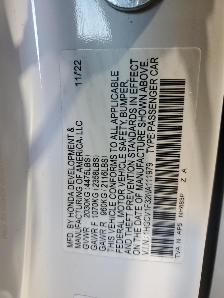 2022 Honda Accord Sport VIN: 1HGCV1F32NA111979 Lot: 80390605