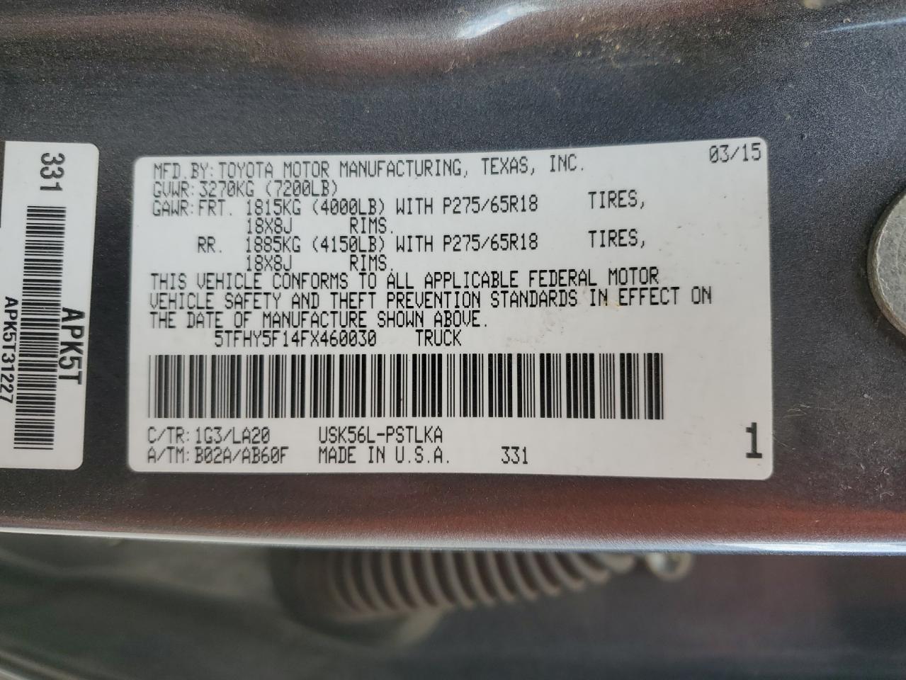 2015 Toyota Tundra Crewmax Limited VIN: 5TFHY5F14FX460030 Lot: 80221755