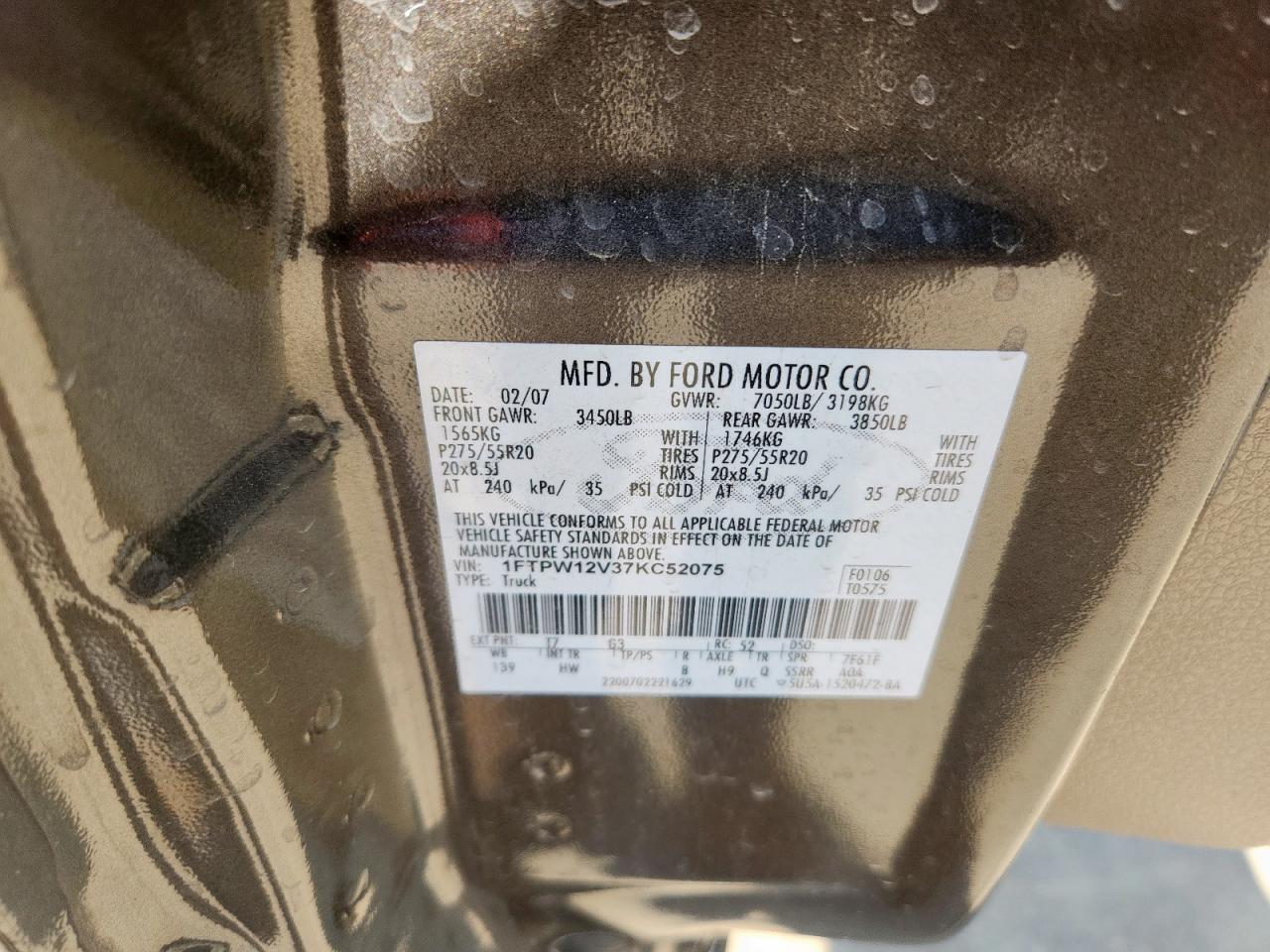 2007 Ford F150 Supercrew VIN: 1FTPW12V37KC52075 Lot: 71558135