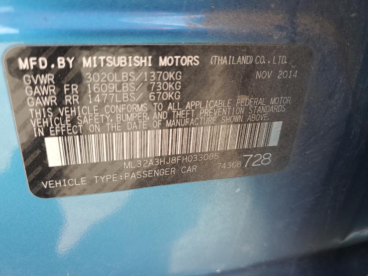 2015 Mitsubishi Mirage De VIN: ML32A3HJ8FH033085 Lot: 84392045