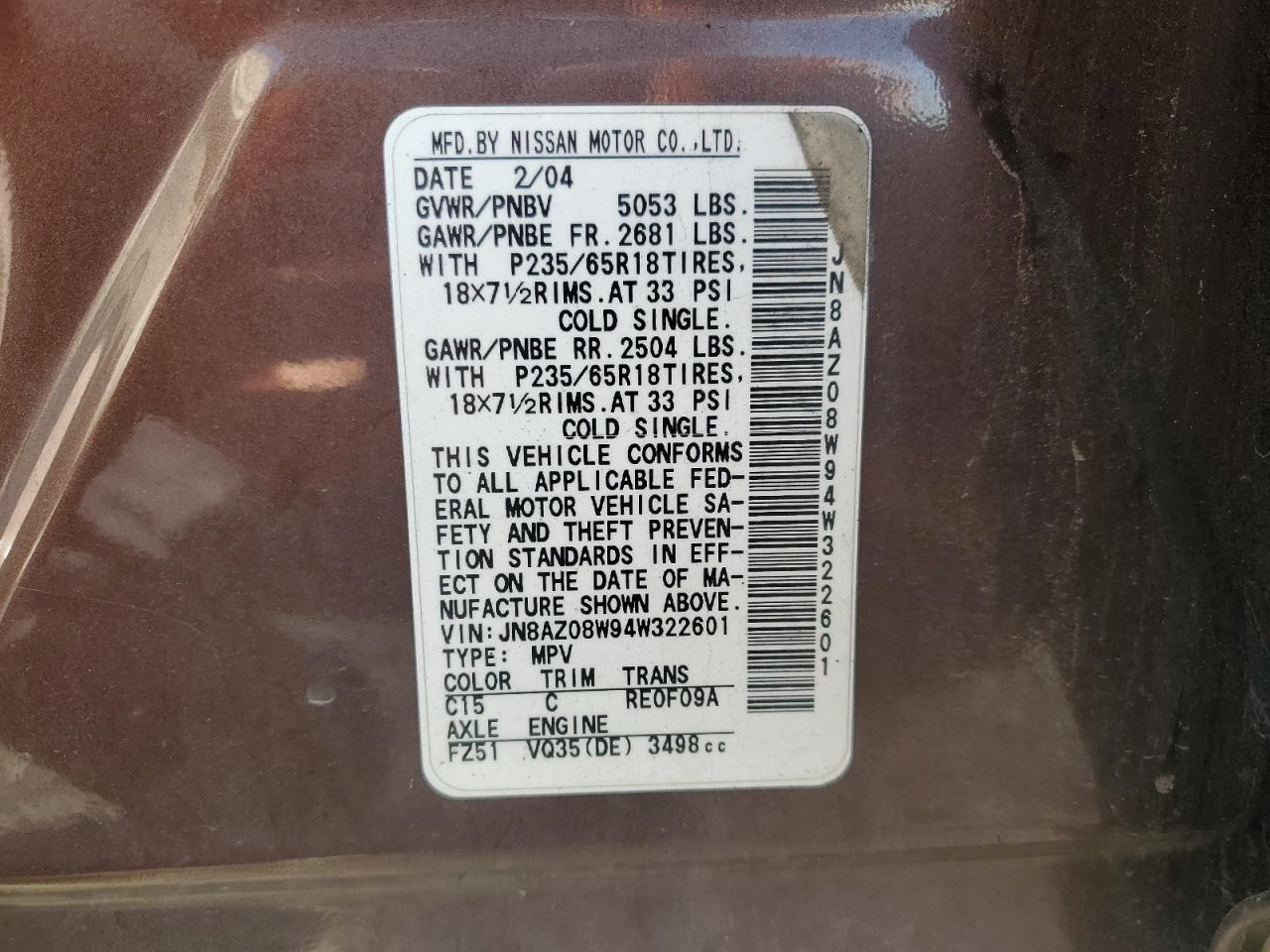 2004 Nissan Murano Sl VIN: JN8AZ08W94W322601 Lot: 80241435